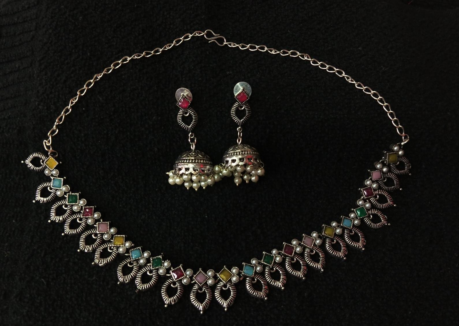 Jewellery Oxidised Silver With Multi Colour Stone With Pearl 