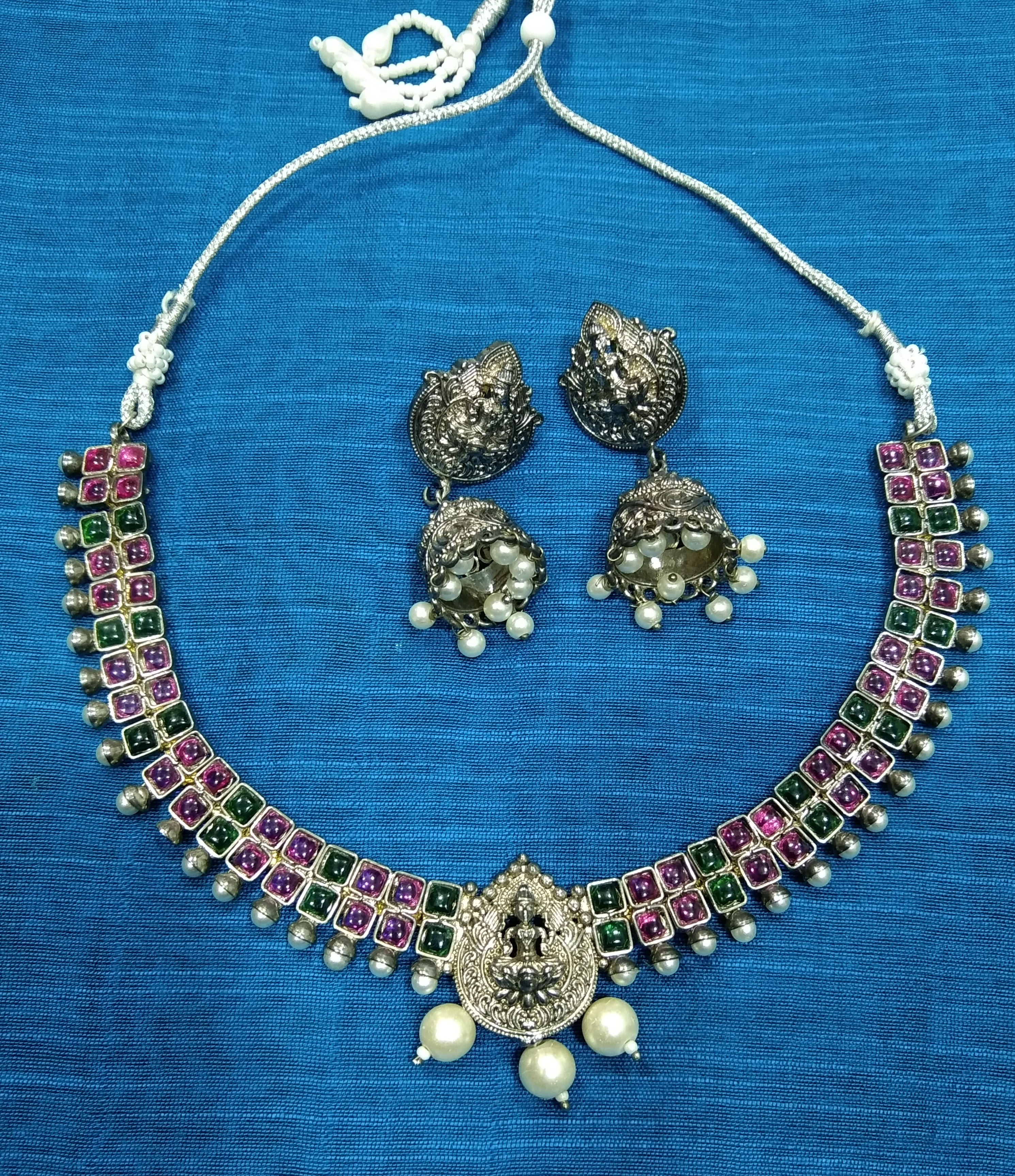 Jewellery Necklace Set Blue ,Pink Stone & White Pearl Work 