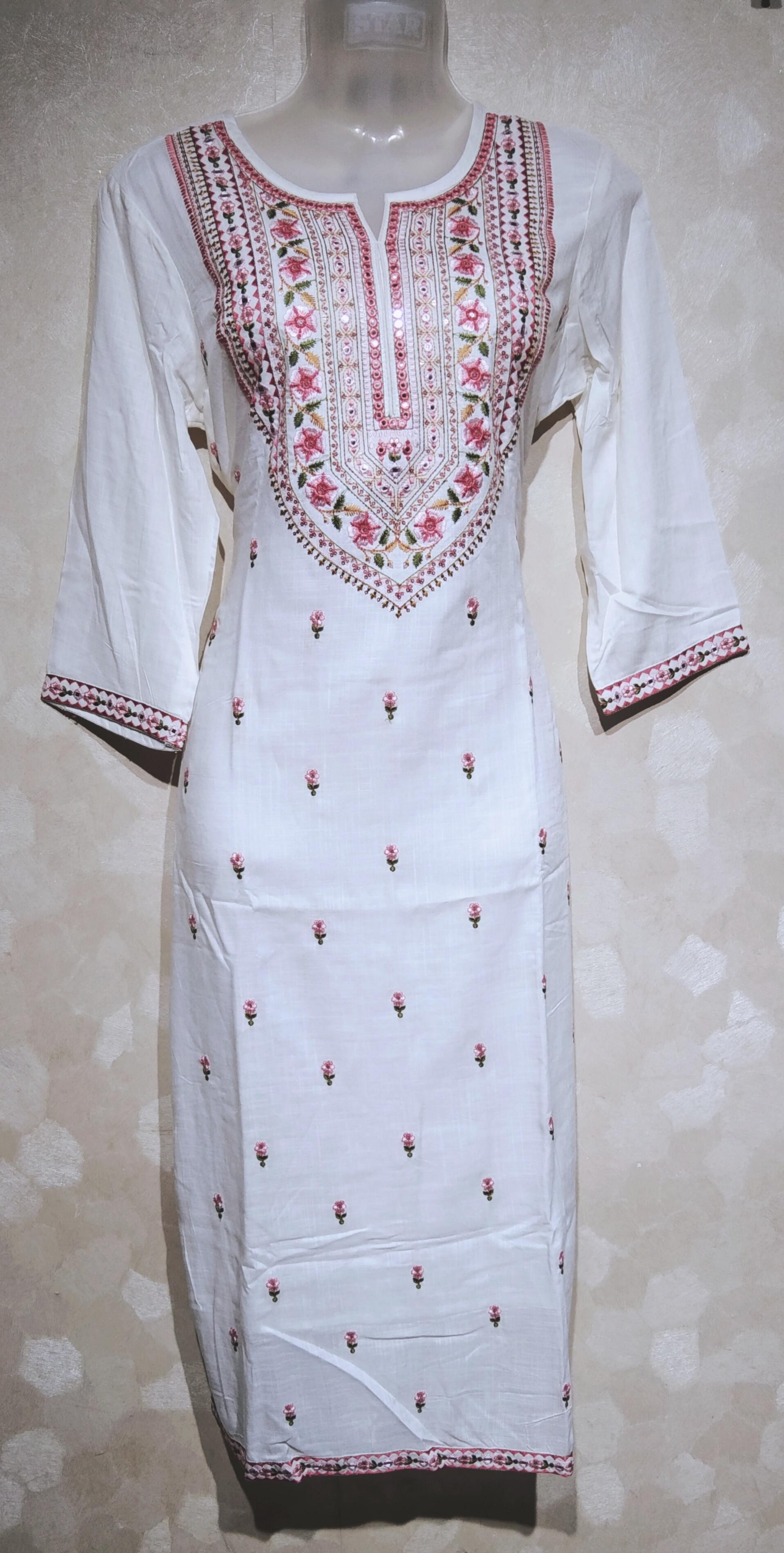 Kurti White,Pink, Green Mix Colour Work