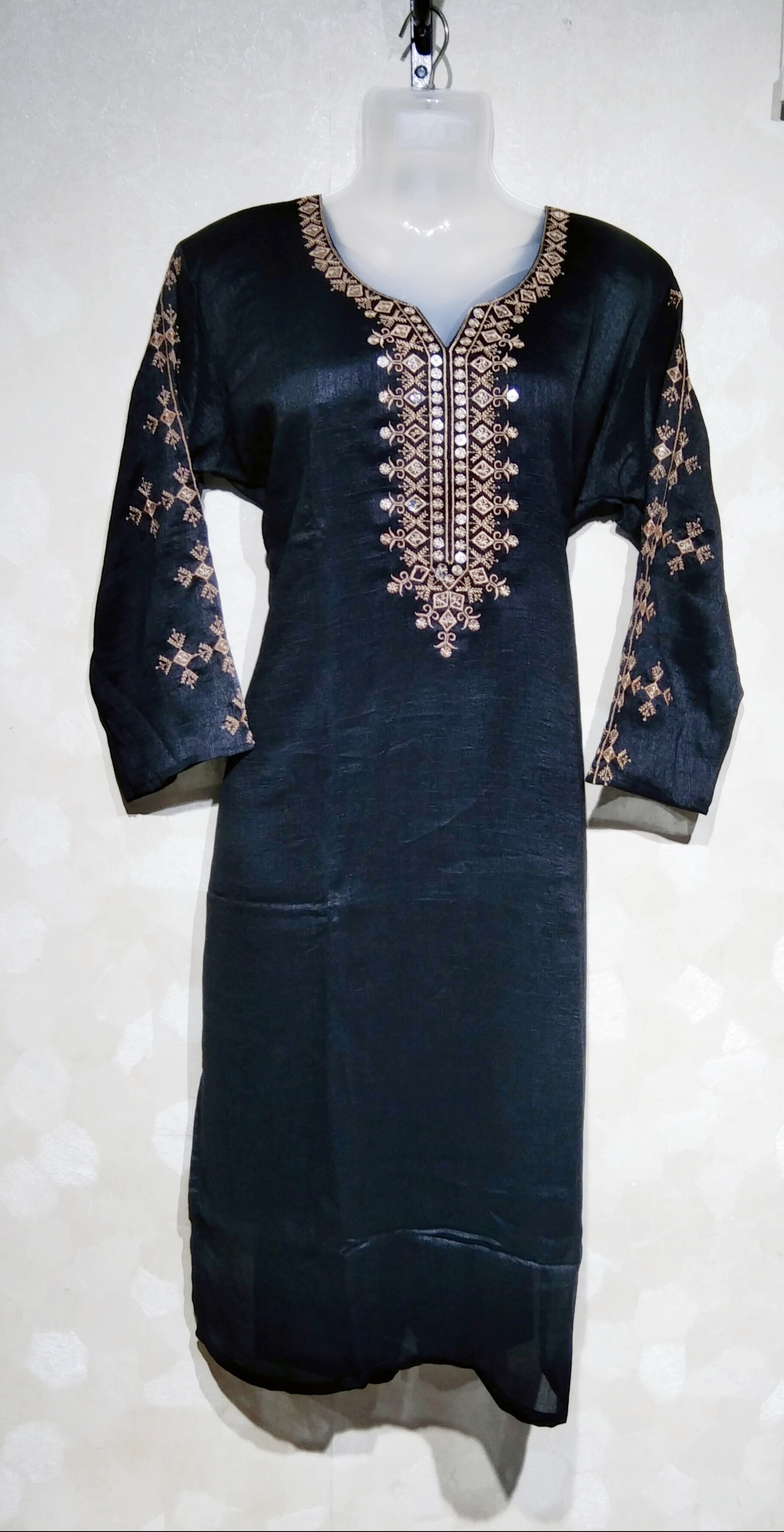 Kurti Silk Bottle Green & Golden Work 