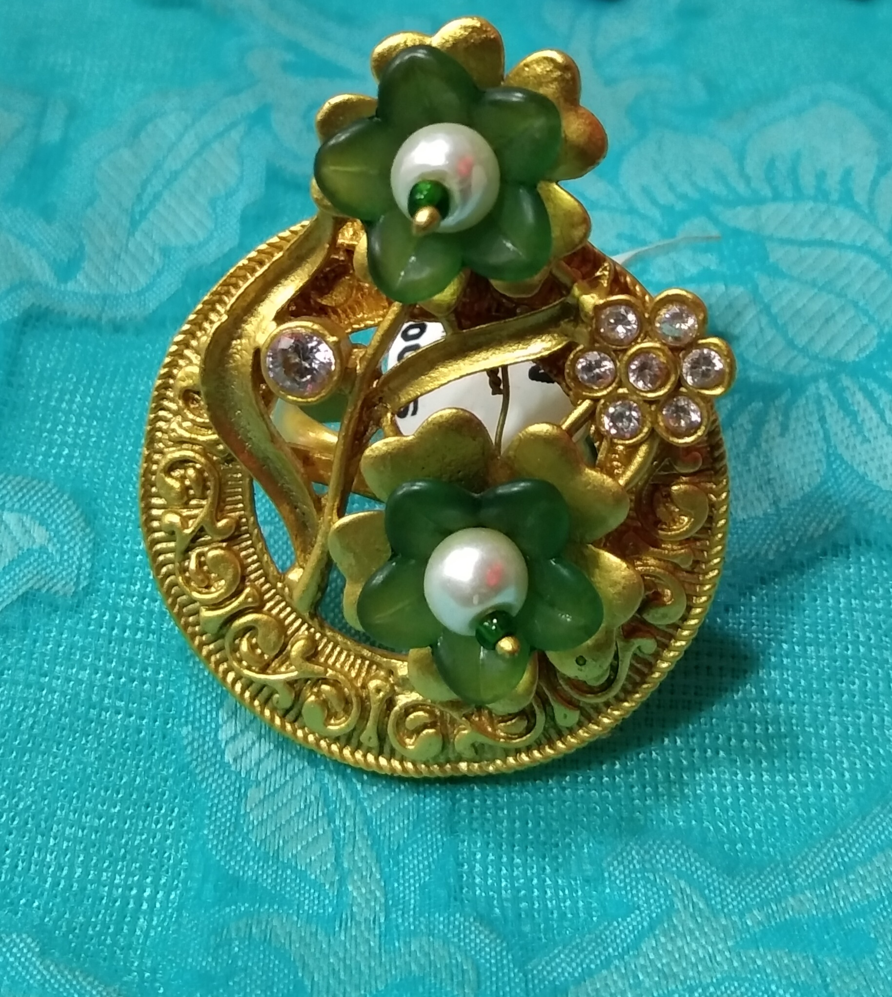 Ring Golden Green Flower & Pearl 