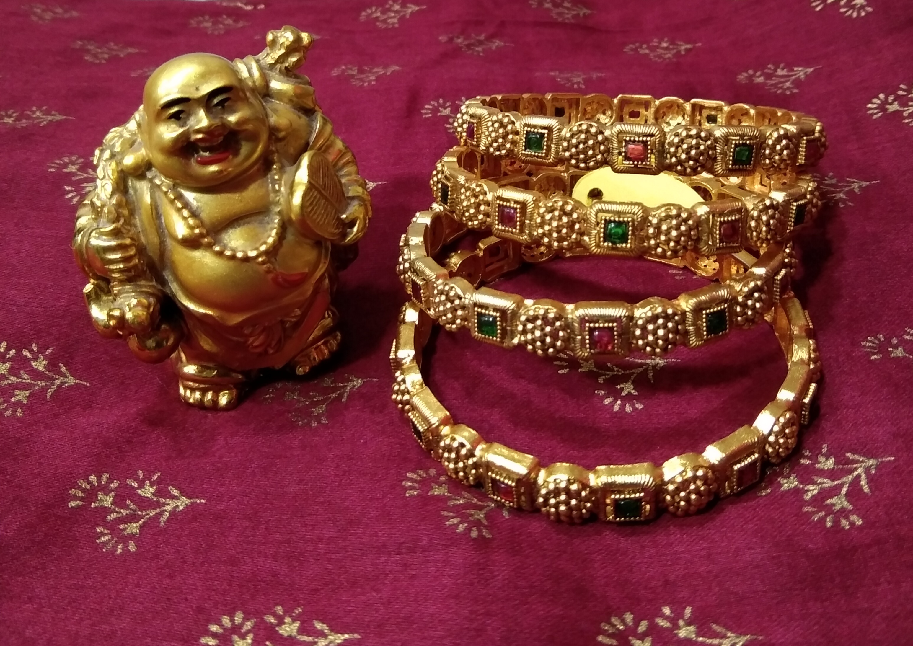 Bangle Golden Pink & Green Stone 