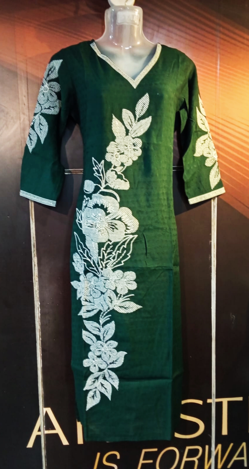 Kurti Silk Bottle Green & White Design 1(15.08.25)