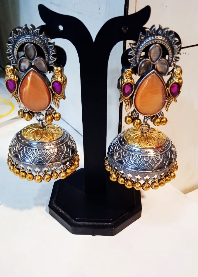 Earrings Jhumko Golden Yellow & Pink Stone 11(10.09.25)